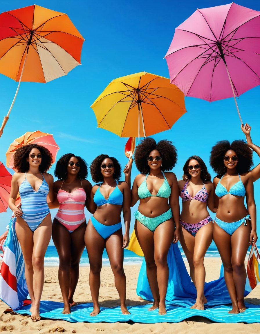 A diverse group of confident individuals of various body types showcasing stylish swimwear on a sunny beach, with vibrant umbrellas and beach towels in the background. The scene radiates positivity and empowerment, highlighting the joy of embracing one's body. Include playful waves and a bright blue sky to enhance the summer vibe. pastel colors. super-realistic.